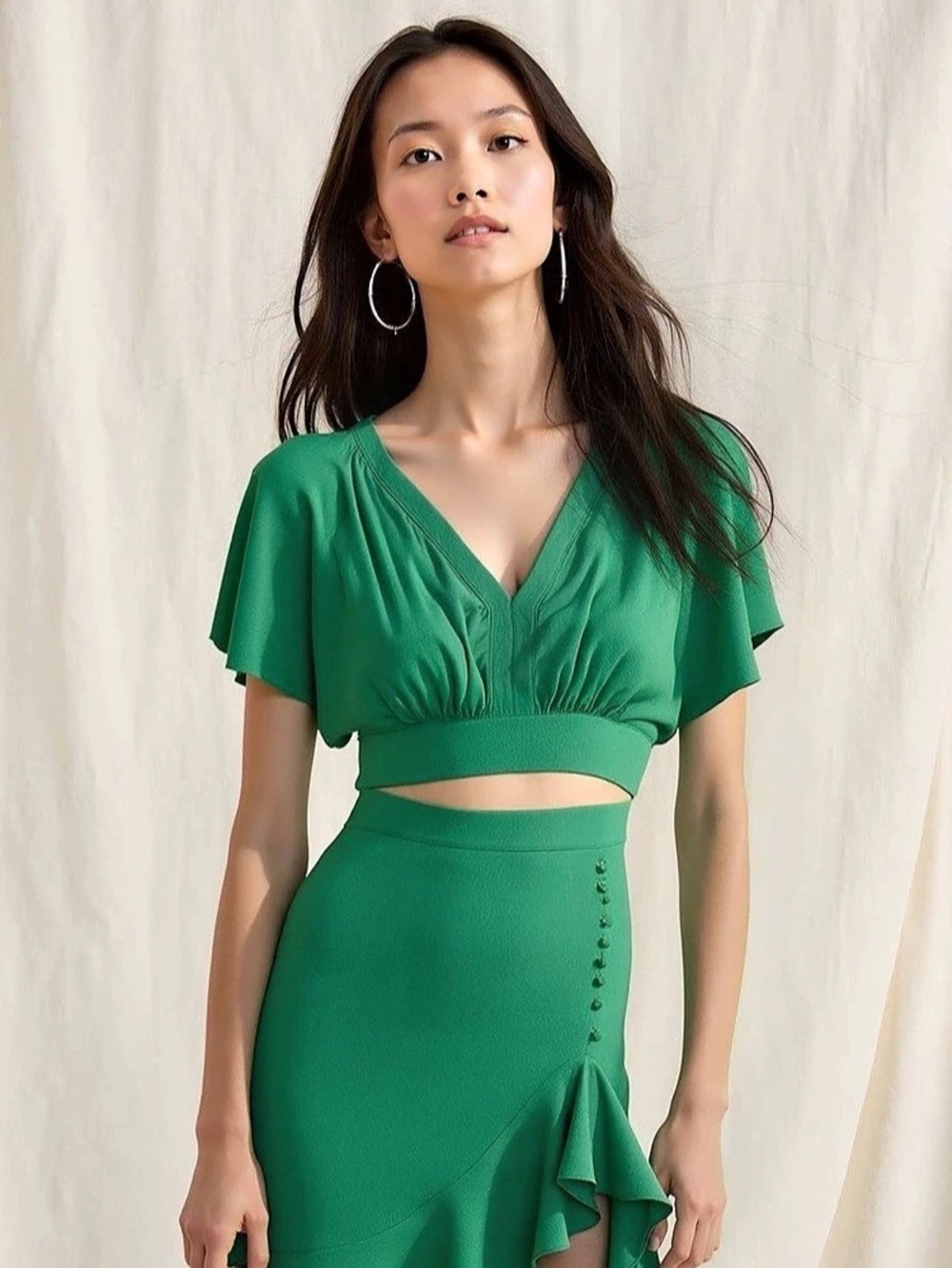Cindy Tie Waist Cape Sleeve Cropped Blouse NWT